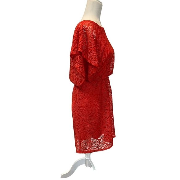 Emma & Michele Coral Red Crocheted Flutter Sleeve Dress with Slip Size 6 - Picture 6 of 10
